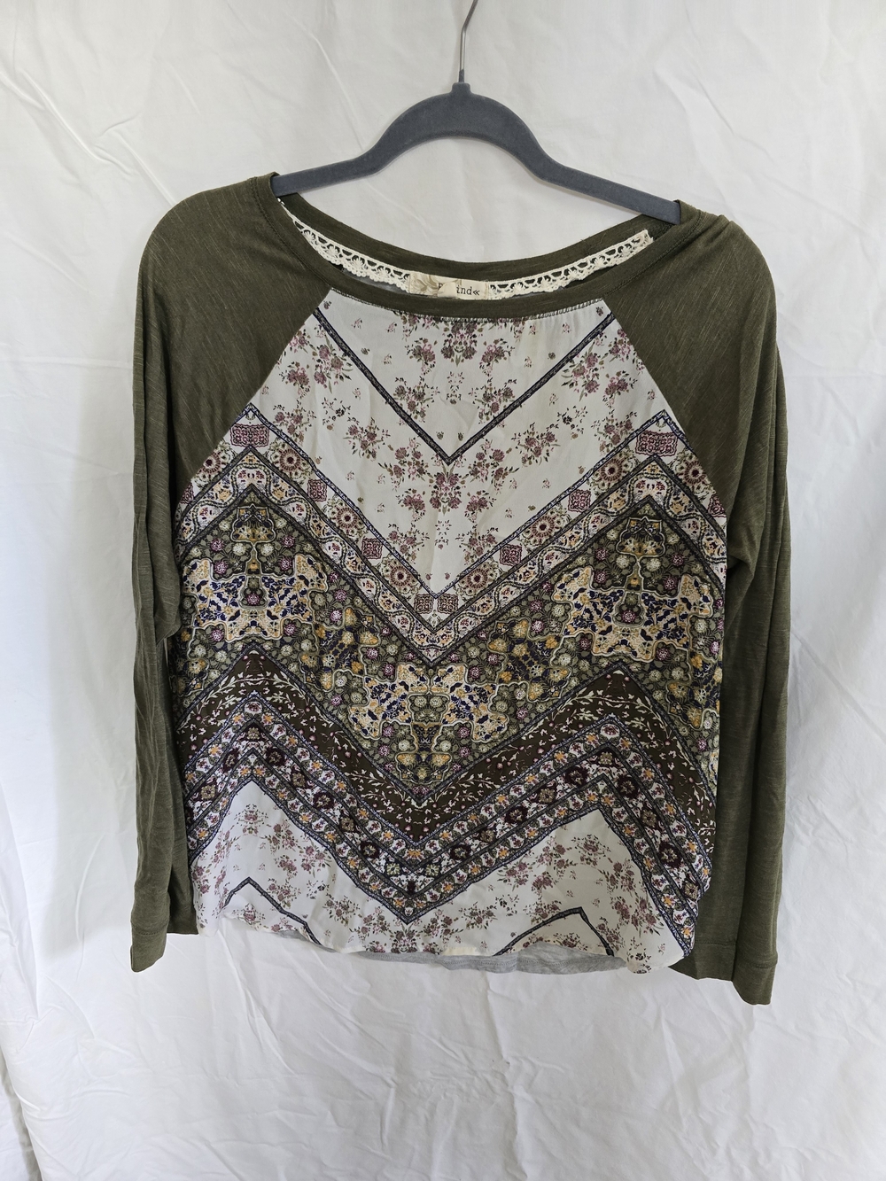 Rewind Olive Green Raglan Boho Print Long Sleeve Top